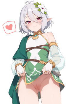 absurdres cleft_of_venus closed_mouth clothes_lift commentary_request dress dress_lift flower gluteal_fold grey_hair hair_flower hair_ornament heart highres kokkoro_(princess_connect!) lifting_own_clothes looking_at_viewer myuu_(arisumeria) pointy_ears princess_connect! pussy pussy_juice short_hair simple_background smile spoken_heart standing thighs white_background white_flower