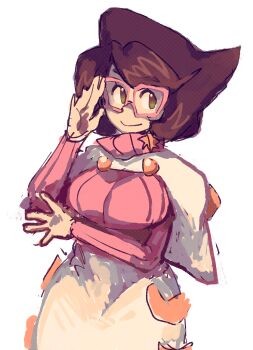 1girl adjusting_eyewear arm_under_breasts big_hair breasts buttons capelet glasses green_eyes hand_up high-waist_skirt highres large_breasts long_sleeves malan medium_skirt nintendo pencil_skirt pink-framed_eyewear pink_sweater pokemon pokemon_sm purple_hair ribbed_sweater short_hair skirt solo sweater turtleneck turtleneck_sweater white_capelet white_skirt wicke_(pokemon)