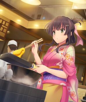 Rule 34 | 1boy, 1girl, :o, bow, bowl, breasts, brown hair, ceiling light, chopsticks, cowboy shot, dutch angle, egg, floral print, floral print kimono, food request, frying pan, game cg, green eyes, hair ornament, hair ribbon, hair rings, hairclip, hanging light, hat, holding, holding chopsticks, holding frying pan, indoors, japanese clothes, kimono, large breasts, medium hair, nakai (waitress), obi, official art, parted lips, pink bow, pink kimono, pink ribbon, print kimono, print sash, purple sash, ribbon, sash, short hair, sidelocks, single hair ring, smoke, solo focus, teeth, third-party source, toji no miko, toji no miko: kizamishi issen no tomoshibi, white hat, white kimono, yanase mai
