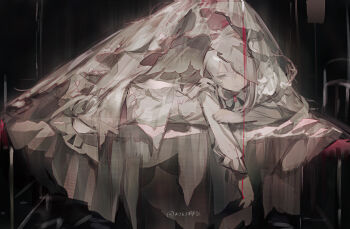 1girl absurdres artist_name bed brown_eyes closed_mouth collared_dress commentary_request dress expressionless hand_on_own_arm highres indoors kikihuihui long_sleeves lying on_bed on_stomach original see-through_clothes see-through_veil sketch solo veil white_dress white_hair