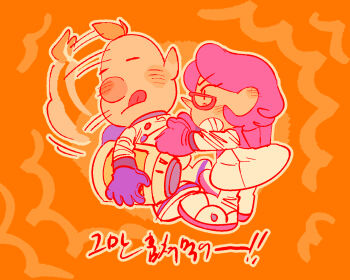 Rule 34 | 1boy, 1girl, ^^^, afterimage, angry, backpack, bag, black eyes, blonde hair, blue bag, blue gloves, blush, blush stickers, brittany (pikmin), buttons, clenched teeth, closed mouth, expressionless, eyelashes, glasses, gloves, holding, holding jar, jar, juice, korean text, light frown, looking at another, louie (pikmin), miniskirt, motion lines, nintendo, no headwear, nose blush, orange background, outline, pikmin (series), pikmin 3, pink-framed eyewear, pink bag, pink gloves, pink hair, pointy nose, shaking, short hair, skirt, solid oval eyes, spacesuit, standing, teeth, tongue, tongue out, translation request, triangular eyewear, v-shaped eyebrows, very short hair, white outline, yu pikmin