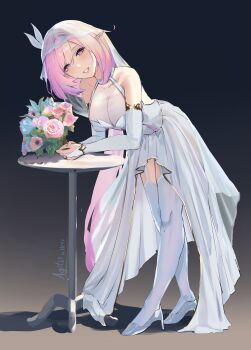 1girl absurdres agito_(agitoishere) alternate_costume artist_name bare_shoulders bent_over black_background blue_eyes bouquet breasts bridal_gauntlets cleavage commentary dress elf elysia_(honkai_impact) flower garter_straps high_heels highres holding holding_bouquet honkai_(series) honkai_impact_3rd large_breasts long_hair looking_at_viewer open_mouth pink_eyes pink_hair pink_pupils pointy_ears see-through_cleavage see-through_clothes solo table teeth thighhighs thighs veil very_long_hair wedding_dress white_dress white_garter_straps white_thighhighs white_veil