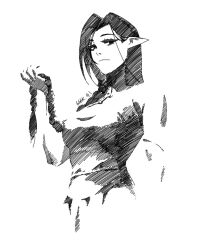 Rule 34 | 1girl, braid, breasts, closed mouth, cowboy shot, crop top, dated, greyscale, hand up, hatching (texture), holding, holding hair, kan liu (666k), linear hatching, long hair, looking at viewer, medium breasts, monochrome, original, parted bangs, pointy ears, shirt, signature, sketch, sleeveless, sleeveless shirt, solo, tight clothes, tight shirt, very long hair