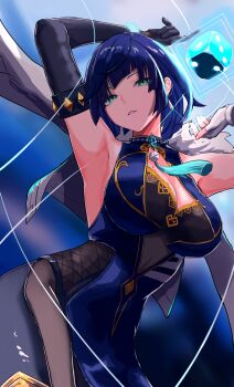 1girl absurdres aqua_eyes armpits arms_up asymmetrical_gloves bead_choker beads black_bodysuit black_gloves blue_dress blue_gemstone bodysuit breasts cleavage cleavage_cutout clothing_cutout commentary cowboy_shot cropped_jacket diagonal_bangs dice dress ear_piercing elbow_gloves fingerless_gloves fishnets from_below fur-trimmed_jacket fur_trim gem genshin_impact gloves highres jacket jacket_on_shoulders large_breasts light_smile looking_at_viewer mismatched_gloves mole mole_on_breast neck_tassel parted_lips pelvic_curtain piercing short_hair single_elbow_glove single_fingerless_glove smile solo standing string tassel white_gloves white_jacket yelan_(genshin_impact) yuu_(primenumber7)