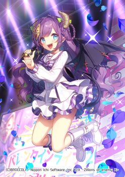 1girl aqua_petals blue_eyes blue_petals braid braided_hair_rings brown_horns copyright_notice demon_girl demon_horns demon_tail demon_wings frilled_skirt frills hair_ornament hair_rings holding holding_microphone horns jumping long_hair masaru.jp microphone official_art open_mouth purple_hair screen_zoom shirt shoes skirt socks solo sparkle stage tail teeth ugly_(z/x) upper_teeth_only white_shirt white_shoes white_socks wings z/x
