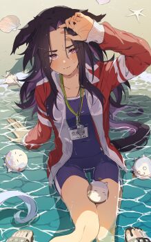 Rule 34 | 2girls, absurdres, animal ears, arm up, beach, black hair, blue one-piece swimsuit, blush, breasts, closed mouth, collarbone, commentary, competition school swimsuit, covered navel, fenomeno (umamusume), flipped hair, gold ship (run revolt launcher) (umamusume), gold ship (umamusume), highres, horse ears, horse girl, horse tail, jacket, komeko97, lanyard, long hair, long sleeves, multicolored hair, multiple girls, one-piece swimsuit, open clothes, open jacket, outdoors, purple eyes, purple hair, red jacket, sandals, school swimsuit, seashell, shell, single vertical stripe, sitting, solo focus, starfish, sweat, swimsuit, tail, tracen swimsuit, tracen training uniform, track jacket, umamusume, untranslatable commentary, water, water balloon, wet, wet clothes, whistle, whistle around neck, yellow nails