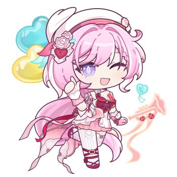 1girl ;o balloon beretta_92 chibi chibi_only chinese_commentary commentary_request diamond-shaped_pupils diamond_(shape) dress elysia_(hi_love_elf)_(honkai_impact) elysia_(honkai_impact) gloves gun handgun heart_balloon henjiwumei highres honkai_(series) honkai_impact_3rd instrument long_hair looking_at_viewer multicolored_hair one_eye_closed pink_hair purple_eyes red_dress solo symbol-shaped_pupils thighhighs transparent_background trumpet two-tone_dress two-tone_hair very_long_hair weapon white_dress white_gloves white_hair white_thighhighs