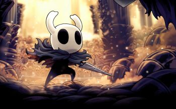 Rule 34 | 1other, arena, ari gibson, audience, blank eyes, bug, cloak, colored smoke, damaged, empty eyes, floating cape, grey cloak, highres, holding, holding weapon, hollow eyes, hollow knight, horned mask, knight (hollow knight), light particles, mask, nail (hollow knight), official art, old nail (hollow knight), over shoulder, people, promotional art, shadow, shell, smoke, solid oval eyes, solo focus, standing, weapon, weapon over shoulder, white mask