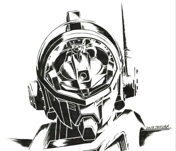 1boy 2013 aoki_ryuusei_spt_layzner artist_name asuka_eiji canopy greyscale highres ink_(medium) layzner looking_at_viewer mecha mecha_focus monochrome radio_antenna robot science_fiction solo tam_(garakuta_kaizou_ningen) traditional_media