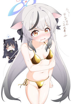 2girls ^_^ absurdres alternate_costume animal_ear_fluff animal_ears arm_at_side arm_under_breasts bikini black_bow black_dress black_hair black_streaks blue_archive blue_halo blush blush_stickers bow breasts breasts_apart c: chinese_clothes closed_eyes closed_mouth collarbone commentary_request cowboy_shot dress embarrassed extra_ears floppy_ears furrowed_brow gluteal_fold gold_bikini golden_week green_bow grey_hair groin hair_between_eyes hair_bow halo halterneck hand_on_own_arm highres kokona_(blue_archive) loli long_hair looking_at_viewer mashi_stkt multicolored_hair multiple_girls nose_blush open_mouth orange_eyes short_sleeves shun_(blue_archive) shun_(small)_(blue_archive) siblings side-tie_bikini_bottom sidelocks simple_background sisters skindentation small_breasts smile solo_focus split_mouth streaked_hair sweat sweatdrop swimsuit thigh_gap tiger_ears tiger_girl translation_request upturned_eyes very_long_hair wavy_mouth white_background