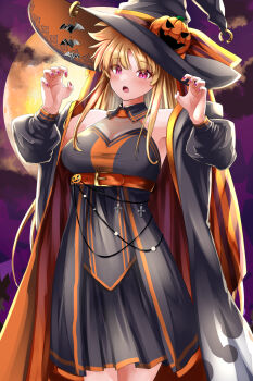 1girl belt black_dress blonde_hair breasts commentary_request cross dress fate_testarossa halloween hat highres large_breasts long_hair looking_at_viewer lyrical_nanoha mahou_shoujo_lyrical_nanoha_strikers open_mouth orange_belt red_eyes solo sougetsu_izuki very_long_hair witch_hat