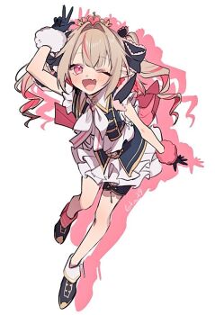 1girl 6tnut9 arm_up asymmetrical_footwear asymmetrical_gloves back_ribbon bare_arms black_gloves black_ribbon black_skirt black_vest blunt_bangs blush boots bow bowtie brooch collared_shirt colored_inner_hair commentary_request cropped_vest drill_hair drop_shadow fang frilled_ribbon frilled_shirt frilled_skirt frilled_sleeves frills full_body fur-trimmed_gloves fur_trim gloves gold_trim grey_hair hair_intakes hair_ribbon heart high_heel_boots high_heels idol_clothes jewelry layered_skirt leaning_forward long_hair looking_at_viewer makaino_ririmu miniskirt mismatched_footwear mismatched_gloves multicolored_hair nijisanji nijisanji_idol_uniform official_alternate_costume one_eye_closed open_clothes open_mouth open_vest pink_fur pink_hair pink_ribbon pink_streaks pointy_ears red_eyes ribbon shirt sidelocks simple_background skin_fang skirt smile solo standing streaked_hair thigh_strap tiara twitter_username two-tone_hair two_side_up vest virtual_youtuber w white_background white_bow white_bowtie white_fur white_shirt