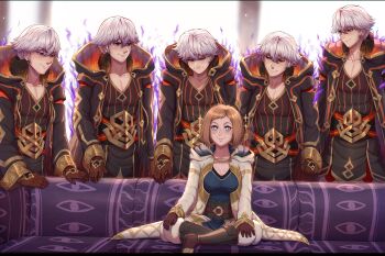 1girl 5boys aura belt black_robe black_shirt blue_eyes boots brown_footwear brown_gloves brown_hair couch crossed_legs evomanaphy female_kiran_(fire_emblem) fire_emblem fire_emblem_heroes freckles gloves gold_trim grima_(fire_emblem) highres kiran_(fire_emblem) looking_down male_robin_(fire_emblem) male_robin_(grima)_(fire_emblem) male_robin_(grima)_(resplendent)_(fire_emblem) medium_hair meme multiple_boys naughty_face nintendo on_couch piper_perri_surrounded_(meme) red_eyes robe shirt sitting smile sparkle sparkling_eyes star-shaped_pupils star_(symbol) symbol-shaped_pupils white_hair white_robe
