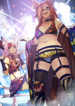 2girls :d absurdres animal_ears bare_shoulders black_thighhighs blue_eyes braid breasts cat_ears cat_tail cleavage cloud collar facial_mark fangs fingerless_gloves gloves green_eyes grin heterochromia hide_(hideout) highres knee_pads long_hair looking_at_viewer medium_breasts midriff multicolored_hair multiple_girls navel open_mouth original pink_hair red_eyes sabrith_ebonclaw scar skirt sleeveless smile tail tayelle_ebonclaw teeth thigh_strap thighhighs two-tone_hair