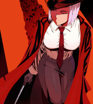 Rule 34 | 1girl, absurdres, bolzhedor, breasts, closed mouth, coat, coat on shoulders, collared shirt, commentary, concealed weapon, english commentary, gloves, hat, highres, holding, holding weapon, mole, mole above mouth, necktie, orange eyes, original, pants, pile of skulls, red necktie, shirt, skull, solo, sword cane, weapon, white hair