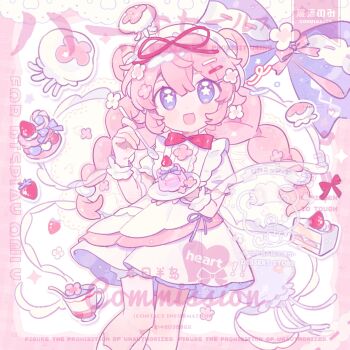 1girl :3 :d blue_eyes blush_stickers border bow bowtie braid cake cake_slice commentary dot_nose double-parted_bangs dress fanqiealxe feet_out_of_frame food gelatin hair_between_eyes hair_ribbon highres holding holding_plate holding_spoon long_hair looking_at_viewer open_mouth original outside_border pink_border pink_hair plate red_bow red_bowtie red_ribbon ribbon sample_watermark short_sleeves simple_background smile solo spoon standing star-shaped_pupils star_(symbol) symbol-only_commentary symbol-shaped_pupils twin_braids watermark white_background white_dress