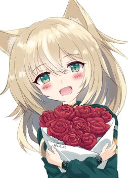 1girl animal_ears arknights artist_name blue_jacket blush bouquet brown_hair commentary_request dog_ears dog_girl flower green_eyes highres holding holding_bouquet infection_monitor_(arknights) jacket long_hair long_sleeves looking_at_viewer open_mouth partial_commentary podenco_(arknights) puffy_long_sleeves puffy_sleeves red_flower red_rose rose signature sills simple_background smile solo twitter_username white_background