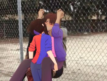 1boy 1girl against_fence black_hair black_pants blue_jacket blush brown_hair cardigan closed_mouth commentary english_commentary feet_out_of_frame fence from_behind girl_kissing_guy_against_fence_(meme) hand_under_leg hands_up head_tilt highres humanization jacket jax_(the_amazing_digital_circus) kiss lifting_person meme multicolored_jacket open_cardigan open_clothes outdoors pants photo_background pink_shirt pomni_(the_amazing_digital_circus) ponytail purple_sweater red_jacket sheshesss9 shirt short_hair sleeves_rolled_up sweater the_amazing_digital_circus two-tone_jacket wire_fence