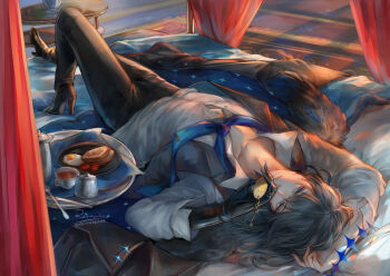 1boy black_hair black_pants blue_necktie bread bread_slice collarbone commentary cup egg english_commentary fate/grand_order fate_(series) food highres holding holding_key key lying male_focus necktie oberon_(fate) oberon_(hotel_chaldea)_(fate) on_back pants parted_lips renrenka_noi rug shirt short_hair solo table teacup toast white_shirt