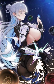1girl absurdres ass bead_bracelet beads blue_hair bodysuit bracelet breasts bridal_gauntlets colored_inner_hair commentary earrings from_behind goddess_of_victory:_nikke grey_hair hair_bun half-closed_eyes highres jewelry large_breasts long_hair looking_at_viewer looking_back mechanical_arms mole mole_on_breast multicolored_hair nayuta_(nikke) sideboob single_mechanical_arm solo thick_eyelashes very_long_hair yozora_(1wkdgusdn)