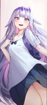1girl backpack bag black_skirt colored_inner_hair grey_hair highres hololive hololive_english jewel_under_eye koseki_bijou long_hair looking_at_viewer multicolored_hair open_mouth pink_hair purple_eyes school_uniform shirt skirt smile solo thai_school_uniform umamii virtual_youtuber white_hair white_shirt