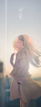 1girl absurdres blonde_hair blurry chocolat_teddy closed_eyes coat denim denim_shorts depth_of_field gakuen_idolmaster highres idolmaster long_hair open_clothes open_coat outdoors profile shinosawa_hiro shorts sky solo song_name twilight wind