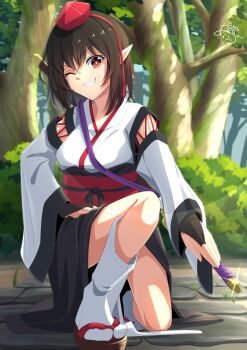1girl amanoyayuki arm_support arm_up black_hair black_thighhighs blurry blurry_background breasts bridal_gauntlets bright_pupils bush cleavage collarbone commentary_request cross-laced_clothes day detached_sleeves glint grin hand_on_own_thigh hat head_tilt highres holding japanese_clothes kourindou_tengu_costume leaning_to_the_side looking_at_viewer medium_breasts obi one_eye_closed outdoors parted_lips petals pointy_ears red_eyes red_hat sash scabbard shameimaru_aya sheath shine short_hair signature slit_pupils smile socks solo squatting stone_floor sword tatami thighhighs tokin_hat touhou tree weapon white_socks wide_sleeves