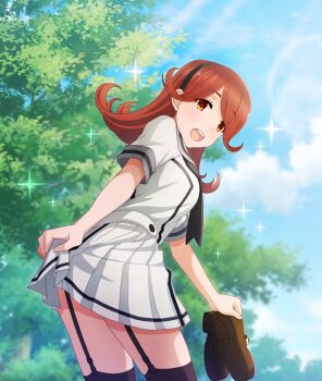 1girl :d ayanokouji_martial_arts_school_uniform black_garter_straps black_hairband black_thighhighs blue_sky breasts brown_shoes cloud day dot_nose from_side game_cg garter_straps grey_sailor_collar hairband holding holding_shoes holding_unworn_clothes lens_flare long_hair looking_at_viewer medium_breasts official_art open_mouth orange_eyes outdoors red_hair red_pupils sailor_collar school_uniform serafuku shoes short_sleeves skirt skirt_hold sky smile solo sparkle summer_uniform sunlight teeth thighhighs third-party_source toji_no_miko toji_no_miko:_kizamishi_issen_no_tomoshibi tree unworn_shoes upper_teeth_only uruga_nao white_serafuku white_skirt