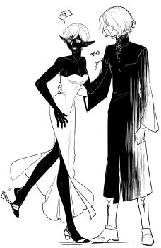 1boy 1girl absurdres anger_vein black_skin breasts cleavage colored_skin dark-skinned_female dark_elf dark_skin dress dungeon_meshi elf flamela full_body high_collar highres korean_text long_sleeves medium_breasts mithrun monochrome oejikim open_mouth pointy_ears robe shoes short_hair simple_background spoken_anger_vein standing standing_on_one_leg strapless strapless_dress translation_request wavy_hair white_background