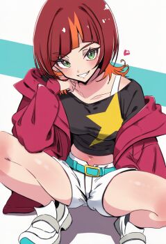 1girl ai-generated belt black_shirt blush clothing_cutout crouching digimon digimon_beatbreak green_eyes highres jacket multicolored_hair navel navel_cutout open_clothes oversized_clothes sakuya_reina shirt shoes short_hair shorts simple_background sneakers star_(symbol) white_shoes white_shorts wolf_cut