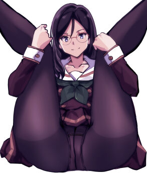 1girl black_hair black_pantyhose brown_serafuku brown_shirt brown_skirt feet_out_of_frame gekijouban_hibike!_euphonium glasses green_neckerchief hibike!_euphonium kamisimo_90 kitauji_high_school_uniform long_hair long_sleeves loose_hair_strand neckerchief over-rim_eyewear pantyhose pleated_skirt purple_eyes sailor_collar school_uniform semi-rimless_eyewear serafuku shirt simple_background skirt solo spread_legs tanaka_asuka thighband_pantyhose white_background white_sailor_collar winter_uniform