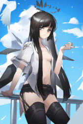 Rule 34 | 1girl, absurdres, arknights, black hair, black panties, black thighhighs, blue sky, bright pupils, cigarette, cloud, commentary, day, grey eyes, hand up, highres, holding, holding cigarette, long hair, looking at viewer, navel, open clothes, open shirt, panties, plabit, railing, shirt, sky, solo, stomach, thighhighs, thighs, underwear, very long hair, virtuosa (arknights), white pupils, white shirt