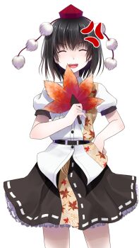 Rule 34 | 1girl, :d, ^ ^, anger vein, belt, black belt, black bow, black bowtie, black hair, black skirt, bow, bowtie, buttons, closed eyes, collared shirt, commentary request, cowboy shot, crote, facing viewer, frilled skirt, frills, hand fan, hand on own hip, hand up, hat, hauchiwa, highres, holding, holding fan, large variant set, leaf print, legs apart, maple leaf print, open mouth, puffy short sleeves, puffy sleeves, red hat, ribbon-trimmed skirt, ribbon trim, shameimaru aya, shirt, short hair, short sleeves, skirt, sleeve cuffs, smile, solo, standing, tachi-e, teeth, tokin hat, touhou, transparent background, upper teeth only, v-shaped eyebrows, variant set, white shirt