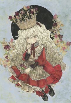 Rule 34 | 1girl, acrylic paint (medium), apron, black shoes, blonde hair, blush, bow, commentary request, crown, curly hair, dress, eclipse, floral background, flower, freckles, frilled cuffs, gingham apron, gingham clothes, hair between eyes, hairband, half-closed eyes, hands on lap, head tilt, highres, holding, holding flower, instagram logo, instagram username, karintoun, layered skirt, lolita fashion, long hair, long sleeves, looking at viewer, muted color, neck ribbon, original, painting (medium), pale skin, petticoat, postmark, puffy sleeves, red dress, red eyes, ribbon, ribbon shoes, rose, shoes, signature, sitting, skirt, socks, solar eclipse, solo, traditional media, twitter username, twitter x logo, very long hair, victorian, watercolor (medium), watermark, wavy hair