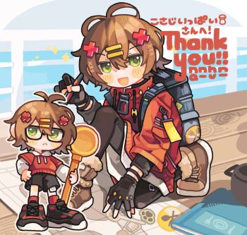 1boy :d antenna_hair backpack bag black_gloves black_pantyhose black_shoes blush_stickers brown_hair brown_shoes chibi closed_mouth commentary commission cosaji_ippai double-parted_bangs drawstring fingerless_gloves full_body gloves green_eyes hair_between_eyes hair_ornament hairclip highres holding holding_pen indie_virtual_youtuber jacket long_sleeves looking_at_viewer male_focus multiple_views open_mouth outline pantyhose parallel_hairclips pen red_jacket red_socks shoes short_hair signature sitting skeb_commission smile socks tabunnanhun thank_you virtual_youtuber white_outline x_hair_ornament zipper