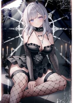 1girl arm_support bare_shoulders belt belt_collar black_belt black_dress blue_eyes blurry blush border breasts candle candlelight candlestand cleavage closed_mouth collar collarbone commentary_request commission covered_navel criss-cross_strings cross cross_earrings cross_necklace depth_of_field detached_sleeves dress earrings fishnet_thighhighs fishnets frilled_collar frilled_dress frills head_tilt heterochromia highres horns indoors jewelry large_breasts long_hair looking_at_viewer mocchiri290 necklace on_floor original print_sleeves purple_eyes sidelocks silk single_hair_intake sitting skeb_commission small_horns solo spider_web thighhighs thighs tile_floor tiles very_long_hair white_border white_hair