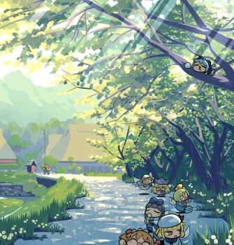 &gt;_&lt; 0_0 6+girls =_= ^_^ american_flag_dress ascot beret bicycle blonde_hair blue_bow blue_hair blunt_bangs bow brown_hair bush chestnut_mouth chibi chibi_only cirno closed_eyes clownpiece commentary_request daiyousei dango detached_wings dirt_road fairy fairy_wings fang flying food grass green_hair grin hair_bow hat highres ice ice_wings light_rays lily_white looking_at_another luna_child lying lying_on_branch moyazou_(kitaguni_moyashi_seizoujo) multiple_girls multiple_wings on_stomach outdoors riding riding_bicycle road rural sekibanki slice_of_life smile star_sapphire sunny_milk sweatdrop touhou tree wagashi walking white_hat white_wings wings yellow_ascot