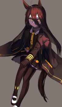 1girl ahoge animal_ears black_choker black_coat black_gloves black_pantyhose black_shirt black_skirt blunt_ends brown_hair choker closed_mouth coat coat_on_shoulders collared_shirt commentary_request double-parted_bangs foot_out_of_frame gloves grey_background hair_between_eyes hand_on_own_knee highres horse_ears horse_girl horse_tail invisible_chair long_hair long_hair_between_eyes long_sleeves looking_at_viewer manhattan_cafe_(umamusume) necktie pantyhose pleated_skirt shirt shoes simple_background sitting skirt smile solo tail tsuchi_(sh_spica1) umamusume very_long_hair white_shoes yellow_eyes yellow_necktie