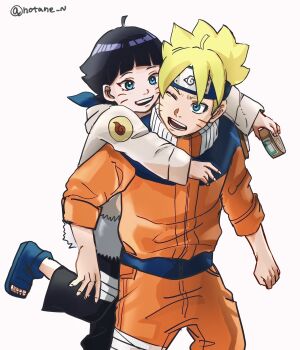 1boy 1girl ahoge balcony blonde_hair blue_eyes blue_headband boruto:_naruto_next_generations commentary_request cosplay facial_mark forehead_protector headband highres hyuuga_hinata hyuuga_hinata_(cosplay) jacket naruto_(classic) naruto_(series) notane_n one_eye_closed open-toe_shoes orange_jacket orange_pants pants short_hair time_paradox twitter_username uzumaki_himawari uzumaki_naruto whisker_markings