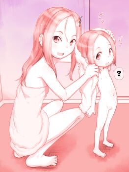 2girls ? barefoot cleft_of_venus completely_nude female_focus flat_chest full_body highres karakai_jouzu_no_(moto)_takagi-san karakai_jouzu_no_takagi-san loli long_hair looking_at_viewer monochrome mother_and_daughter multiple_girls naked_towel navel nipples nishikata_chii nude open_mouth outie_navel pussy short_hair smile spoken_question_mark squatting standing takagi-san teruki_kuma toes towel towel_on_head