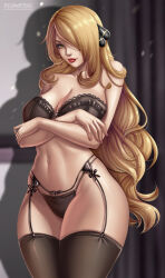 Rule 34 | 1girl, big breasts, black lingerie, blonde hair, bow, bra, breasts, cleavage, creatures (company), crossed arms, cynthia (pokemon), female, female focus, flowerxl, game freak, garter belt, garter straps, hair bow, large breasts, lingerie, long hair, nintendo, panties, pokemon, pokemon dppt, red lips, red nails, solo, standing, thighhighs, underwear, very long hair, video game character, yellow eyes