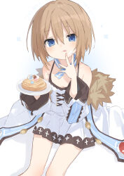 Rule 34 | 1girl, :p, absurdres, bare shoulders, blanc (neptunia), blue eyes, brooch, buran buta, choujigen game neptune, cream, cream on face, cross-laced clothes, cross-laced dress, cross print, dress, food, food on face, fur-trimmed jacket, fur trim, highres, holding, holding plate, icing, jacket, jewelry, knee blush, licking own face, light blush, light brown hair, looking at viewer, neptune (series), off shoulder, open clothes, open jacket, pie, plate, short hair, shoulder blush, sitting, solo, striped choker, tongue, tongue out, white background, white dress, white jacket
