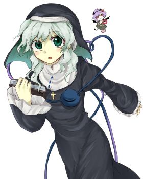 2girls bible_(object) black_dress black_veil chibi cross cross_necklace demon_wings dress fake_horns frilled_sleeves frills green_eyes green_hair highres horns jewelry juliet_sleeves komeiji_koishi komeiji_satori long_sleeves looking_at_viewer medium_hair messy_hair multiple_girls necklace nun open_mouth puffy_sleeves purple_hair red_eyes smile touhou traditional_nun upper_body veil wavy_hair white_background wide_sleeves wings yukino_mafuyu