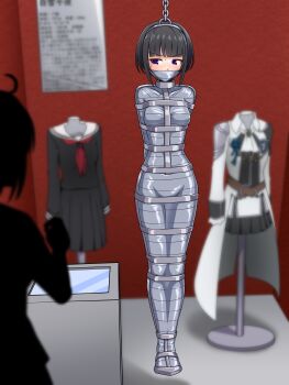 2girls absurdres ahoge black_hair blue_eyes blurry blurry_background bound breasts duct_tape gag gagged highres idolmaster idolmaster_cinderella_girls immobilization improvised_gag looking_at_another mannequin medium_breasts multiple_girls mummification_(bound) school_uniform shirayuki_chiyo short_hair suspension tape tape_bondage tape_gag thalter39o very_short_hair