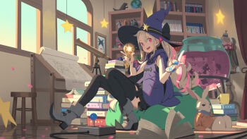 1girl absurdres bean_bag_chair black_thighhighs blonde_hair book breasts cauldron controller game_controller hair_between_eyes hat highres hood hoodie light_bulb long_hair multicolored_hair open_mouth original pink_eyes pink_streaks pointy_shoes purple_hat purple_hoodie shelf shoes small_breasts smile solo streaked_hair thighhighs vofan witch witch_hat