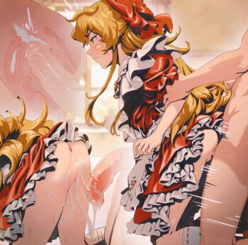 1boy 1girl anus ass blonde_hair blush bow butterchalk cervix clenched_teeth commentary commission cross-section cum cum_in_pussy cumdrip doggystyle dress ejaculation elise_liedl english_commentary frilled_dress frills hair_bow hetero highres internal_cumshot little_goody_two_shoes loli long_hair motion_lines penis red_bow sex sex_from_behind solo_focus speed_lines sweat tearing_up tears teeth trembling uncensored uterus vaginal