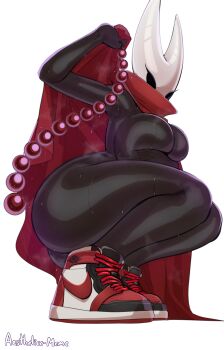 1girl absurdres aestheticc-meme anal_beads ass black_skin blank_eyes breasts cape cloak colored_skin highres hollow_eyes hollow_knight hollow_knight:_silksong hornet_(hollow_knight) horns large_breasts looking_at_viewer red_cape red_cloak sex_toy shoes simple_background sneakers solo squatting thick_thighs thighs white_background