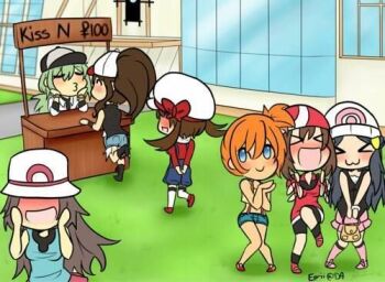 :3 :d after_kiss blush building dawn_(pokemon) eorii hilda_(pokemon) kiss leaf_(pokemon) lowres lyra_(pokemon) may_(pokemon) misty_(pokemon) n_(pokemon) nintendo open_mouth pokedollar pokemon pokemon_(anime) pokemon_(classic_anime) pokemon_bw pokemon_dppt pokemon_frlg pokemon_hgss pokemon_rse smile third-party_source xd