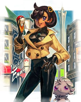 1girl absurdres black_bodysuit black_hair blue_sky bodysuit breasts brown_jacket closed_mouth dark-skinned_female dark_skin emma_(pokemon) espurr gen_6_pokemon gloves hair_ornament highres holding holding_poke_ball jacket kornart latex latex_bodysuit looking_at_viewer lumiose_city mega_stone nintendo open_mouth orange_gloves outdoors poke_ball poke_ball_(basic) pokemon pokemon_(creature) pokemon_legends:_z-a prism_tower purple_eyes short_hair sky smile two-tone_gloves