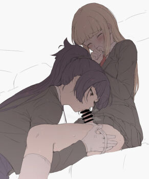 1futa 1girl bad_link bar_censor black_hair blonde_hair blush butler censored chauffeur_(mdf_an) closed_eyes fellatio formal_clothes futa_with_female futanari futanari-sama_(mdf_an) half-closed_eyes hand_to_own_mouth hime_cut kneehighs mdf_an medium_penis oral original panties panty_pull penis pleated_skirt ponytail school_uniform simple_background sitting skirt socks suit underwear white_panties